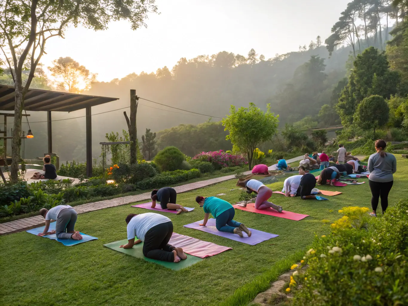 A serene image of a group of people practicing yoga at sunrise on a mountaintop during a spiritual retreat, capturing the essence of tranquility and collective energy.