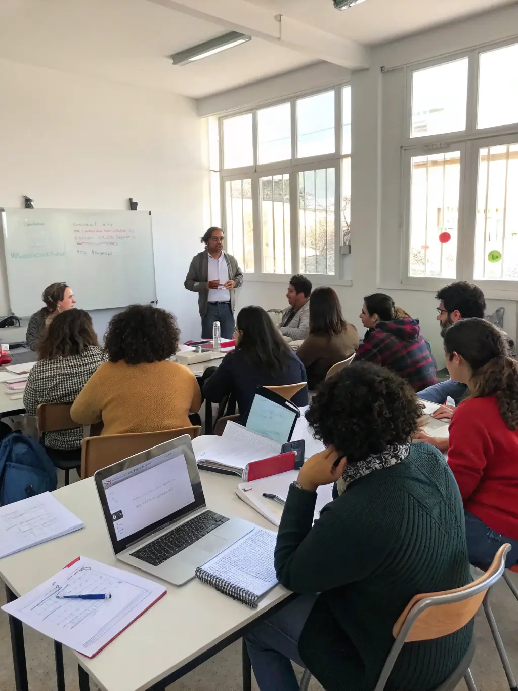 A diverse group of individuals attending a workshop on personal growth, with an engaging speaker and interactive activities.