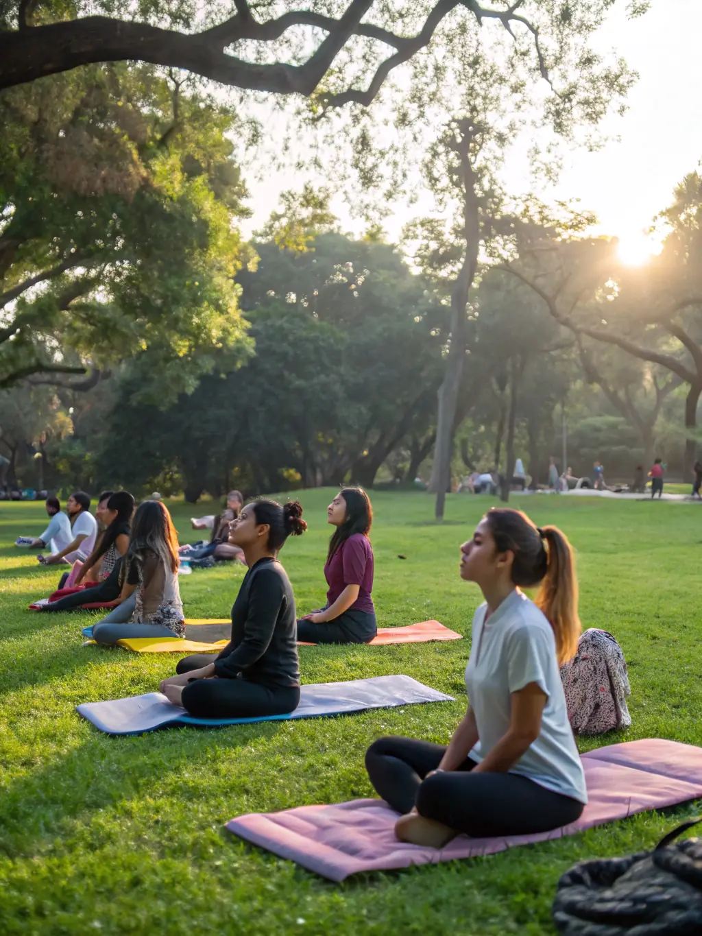Participants engaging in a yoga session during a spiritual retreat, with a backdrop of lush greenery and natural light.