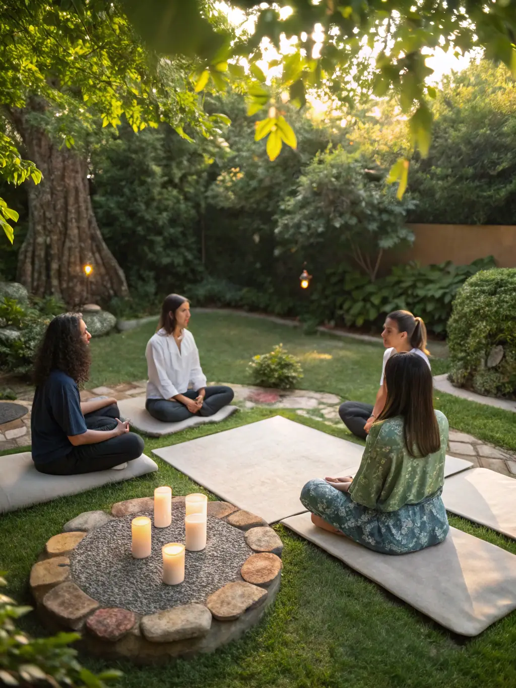 A group of people participating in a mindfulness workshop, sitting on cushions in a circle, with a serene and focused atmosphere.