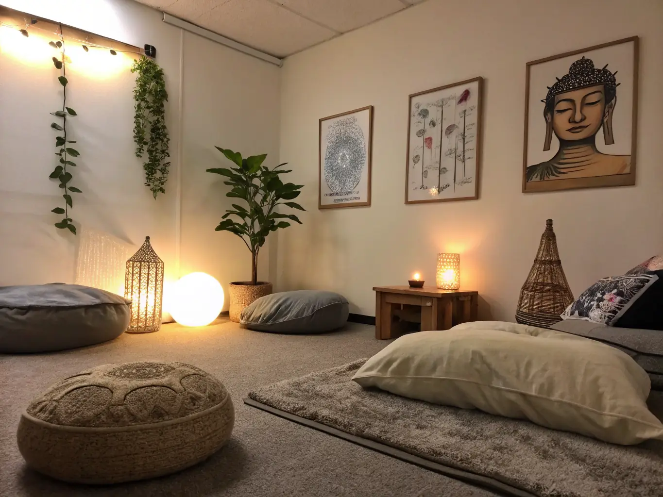 A cozy and inviting indoor space with soft lighting and comfortable seating, representing the nurturing and supportive atmosphere of a spiritual retreat.