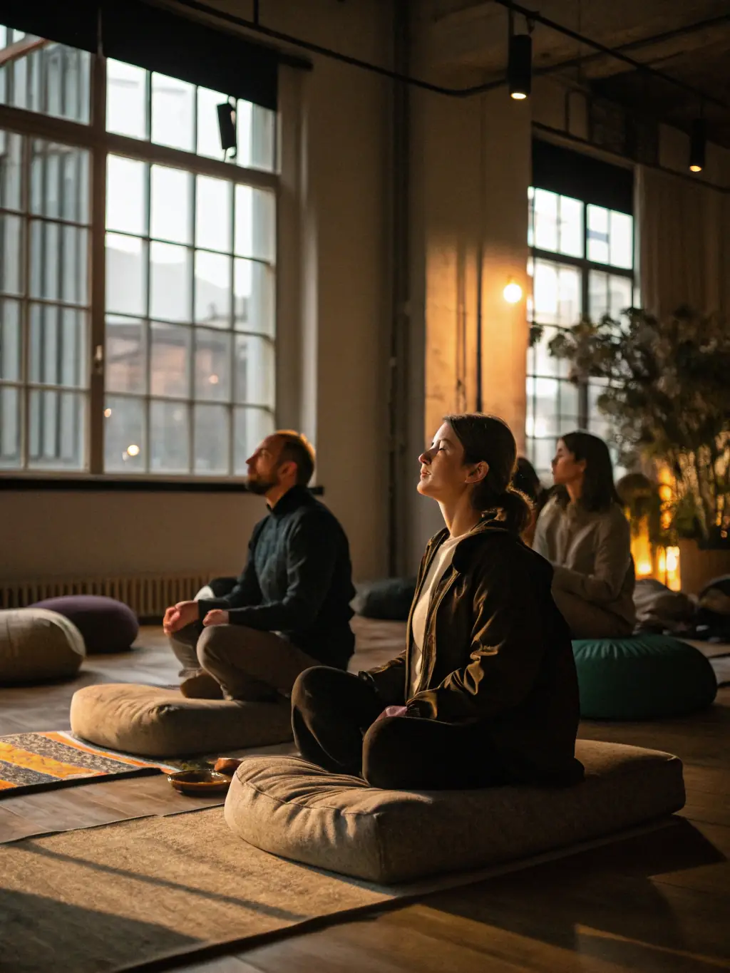 A serene image of a meditation session in a quiet, sunlit room, with participants practicing mindfulness and inner reflection.