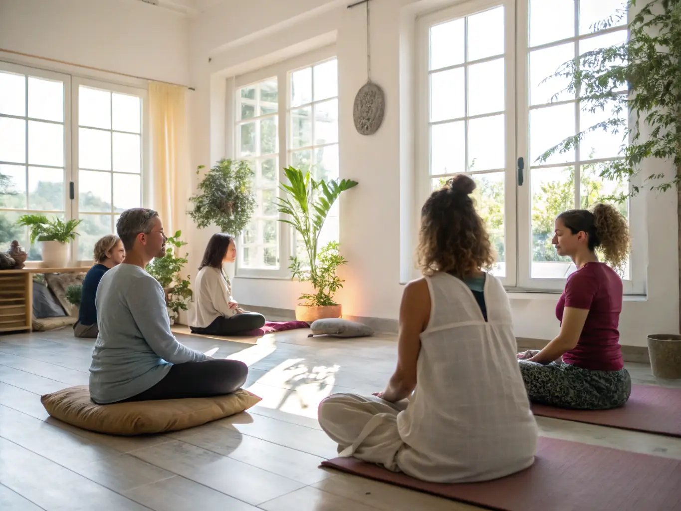 A serene image of a group of people participating in a mindfulness workshop, with a focus on deep breathing and relaxation techniques, set in a sunlit studio.