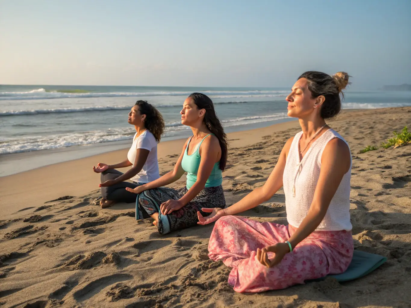 A photograph of a group of participants sitting in a circle during a mindfulness session at a beach retreat, emphasizing the community and introspective aspects.