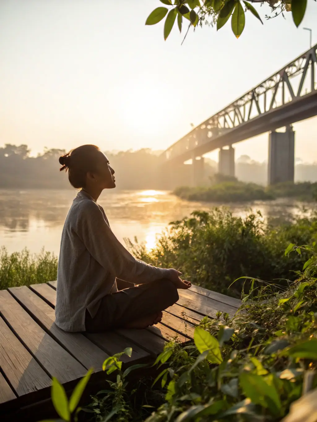 A serene image of a person meditating by a calm lake at sunrise, reflecting peace and tranquility.