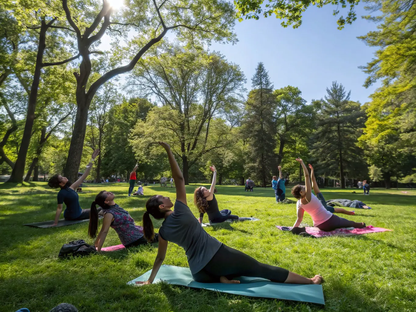 A vibrant image of a group of people engaged in a yoga and meditation session outdoors, surrounded by lush greenery and natural beauty, symbolizing holistic wellness.